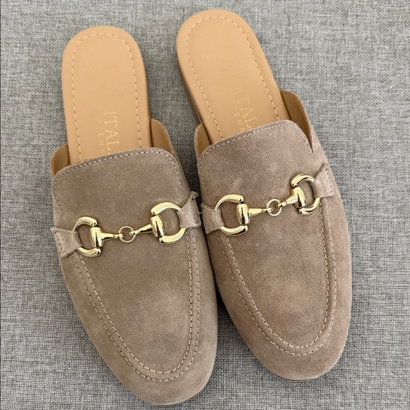 Italian Shoemakers Shoes - Italian Shoemakers Taupe leather Mules with Gold Detail